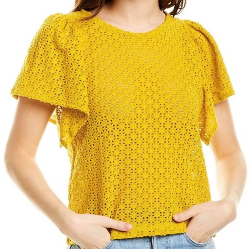 Madewell Texture & Thread XS Yellow Crochet Pattern Top Flutter Sleeve